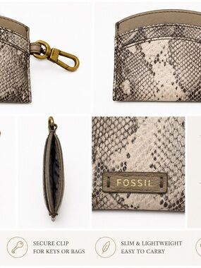 Fossil Beige Taupe Snake-Print Card Holder with Key Clip
